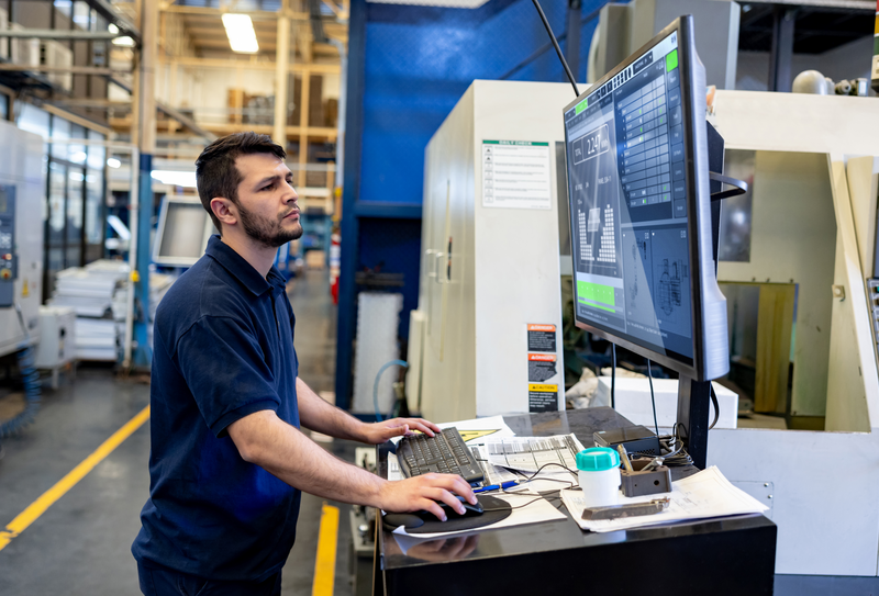 	Man operating a cutting machine at a manufacturing factory